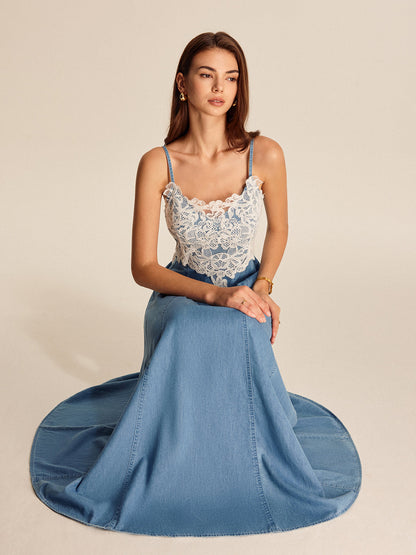 Lace Panel Denim Cami Dress