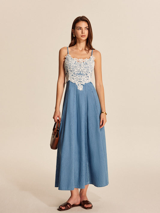 Lace Panel Denim Cami Dress