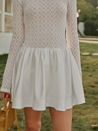 Lace Satin Panel Long Sleeve Dress