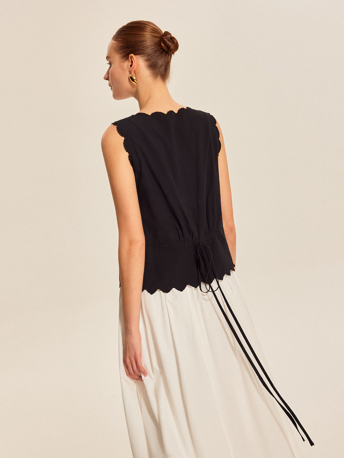 Lace-Trim Scalloped Button-Up Top