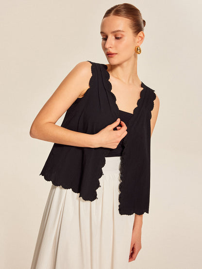 Lace-Trim Scalloped Button-Up Top