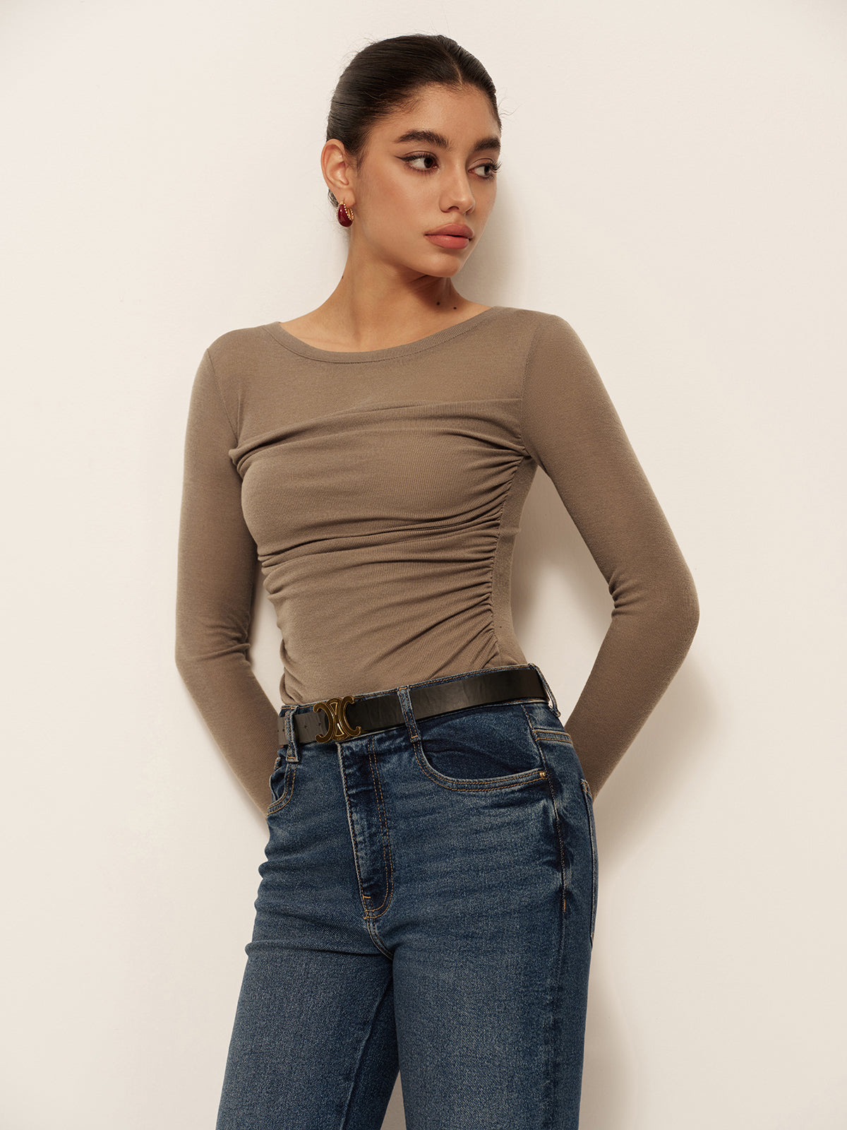 Long Sleeve Pleated Slim Panel T-Shirt
