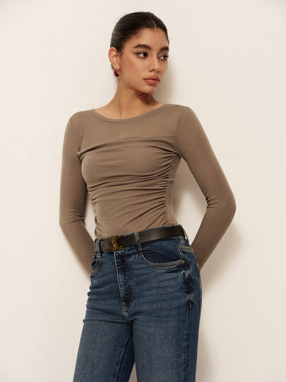 Long Sleeve Pleated Slim Panel T-Shirt