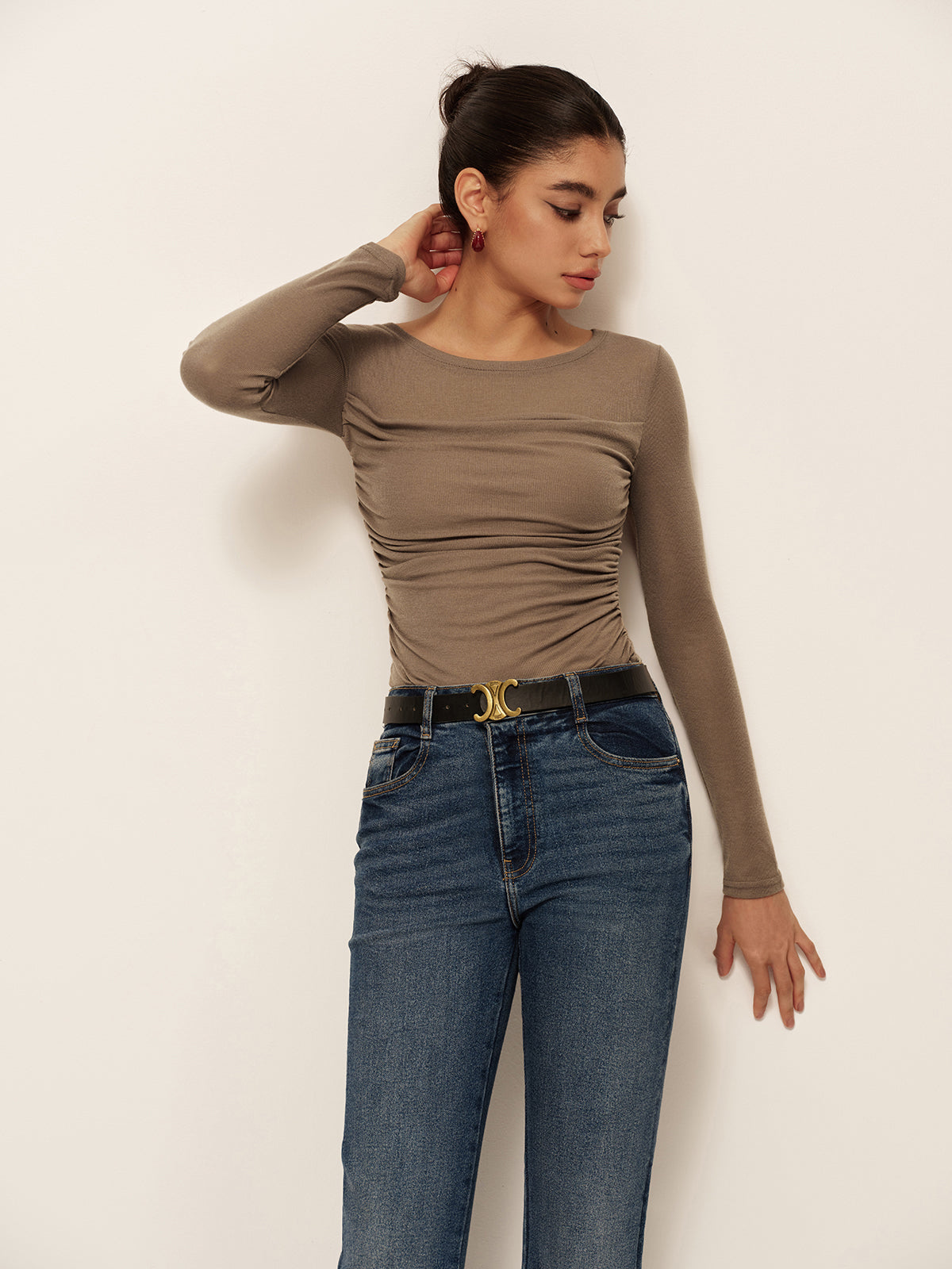 Long Sleeve Pleated Slim Panel T-Shirt
