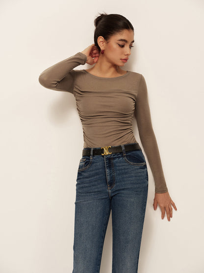 Long Sleeve Pleated Slim Panel T-Shirt