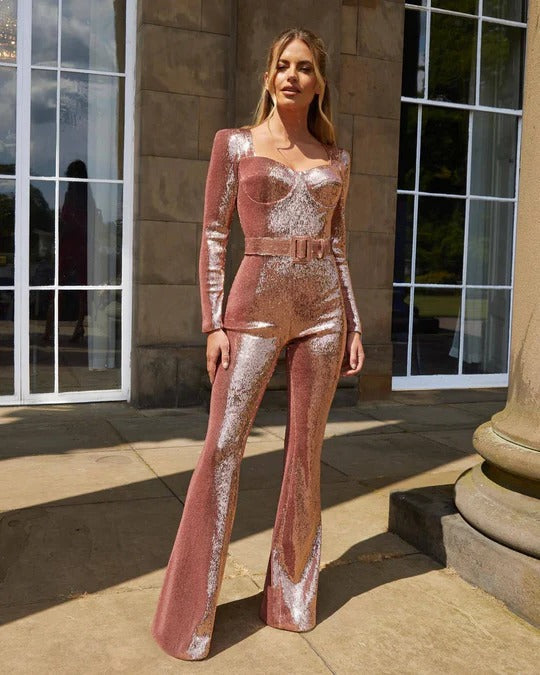 Long-Sleeve Sequin Jumpsuit