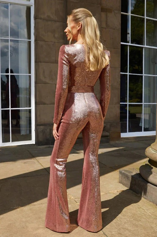 Long-Sleeve Sequin Jumpsuit