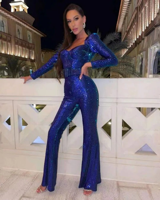 Long-Sleeve Sequin Jumpsuit