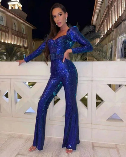 Long-Sleeve Sequin Jumpsuit