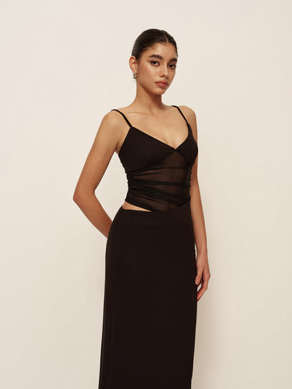 Low V-Neck Asymmetrical Ruched Dress