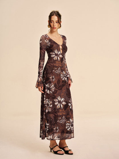 Mesh Floral Cutout Slit Dress