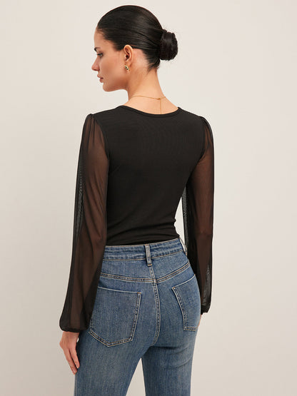 Mesh Sleeve Ribbed Bodysuit
