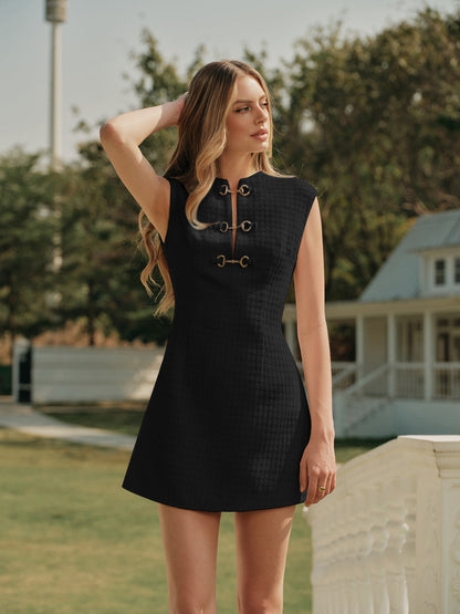 Metal Button Tweed Sleeveless Dress