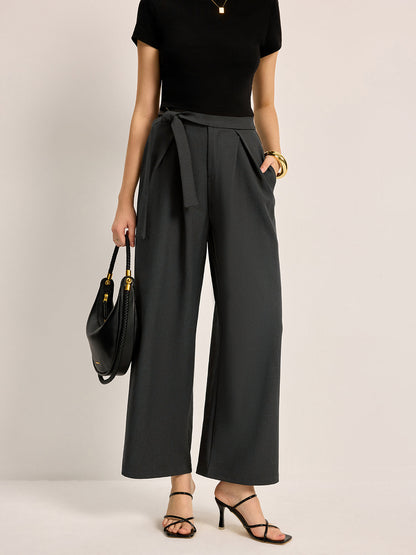 Mid-Waist Tie Belt Pants With Pockets