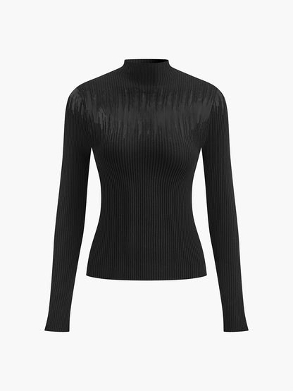 Mock Neck Sheer Panel Knit Top