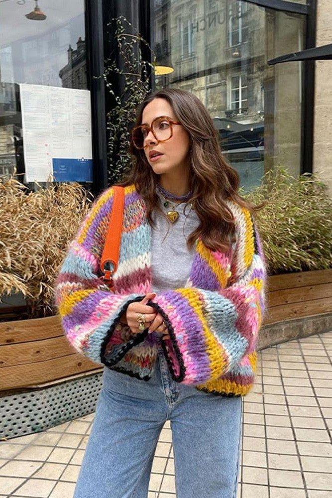 Olivia - Striped Knit Crop Cardigan For Women