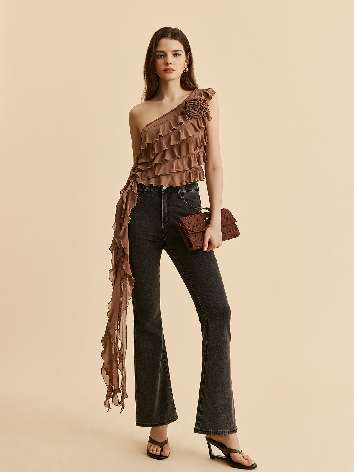 One-Shoulder Ruffled Rosette Detail Top
