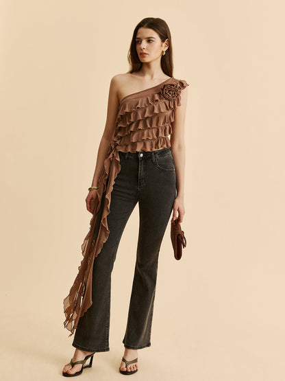 One-Shoulder Ruffled Rosette Detail Top