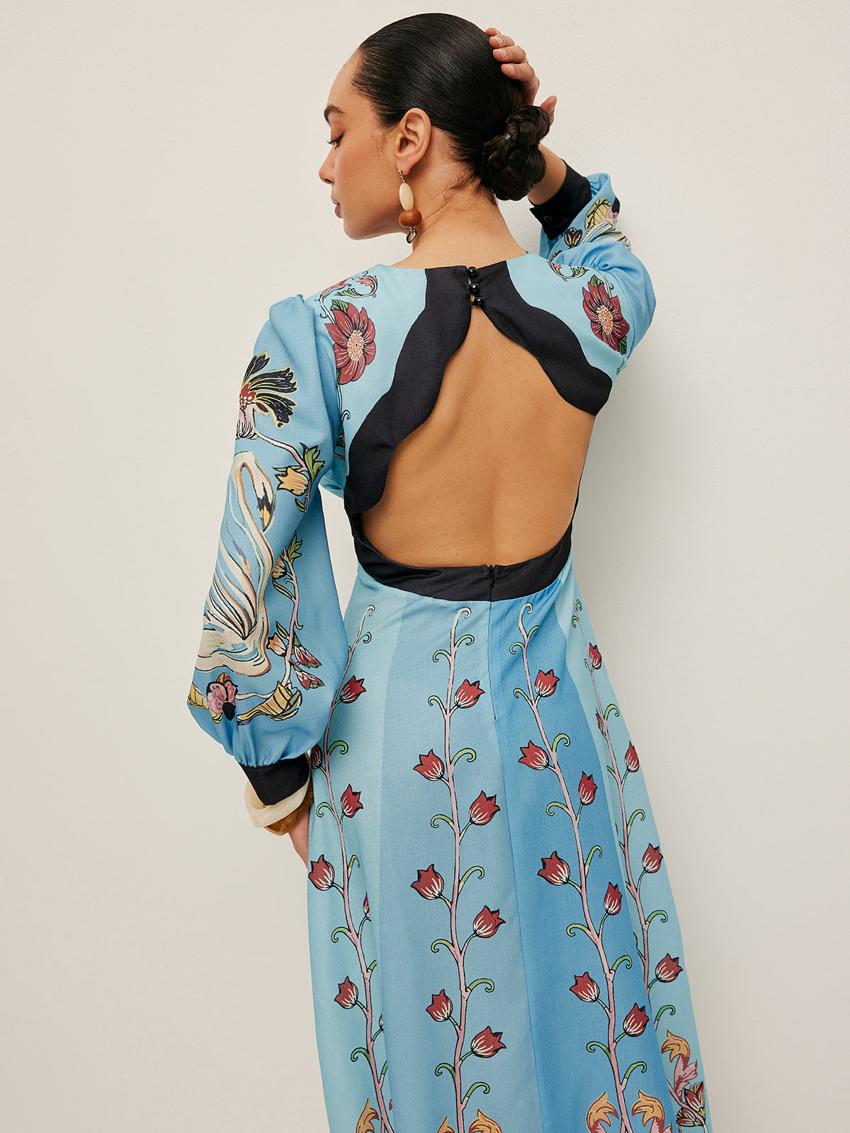 Open-Back Puff Sleeve Floral Dress