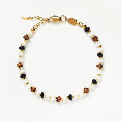 Beaded Bracelet – White Mother of Pearl, Tiger’s Eye & Black Agate, 925 Silver, 18k Yellow Gold Plated