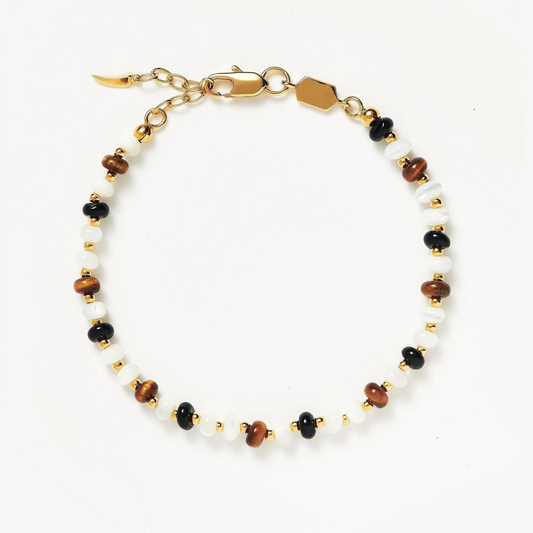 Beaded Bracelet – White Mother of Pearl, Tiger’s Eye & Black Agate, 925 Silver, 18k Yellow Gold Plated