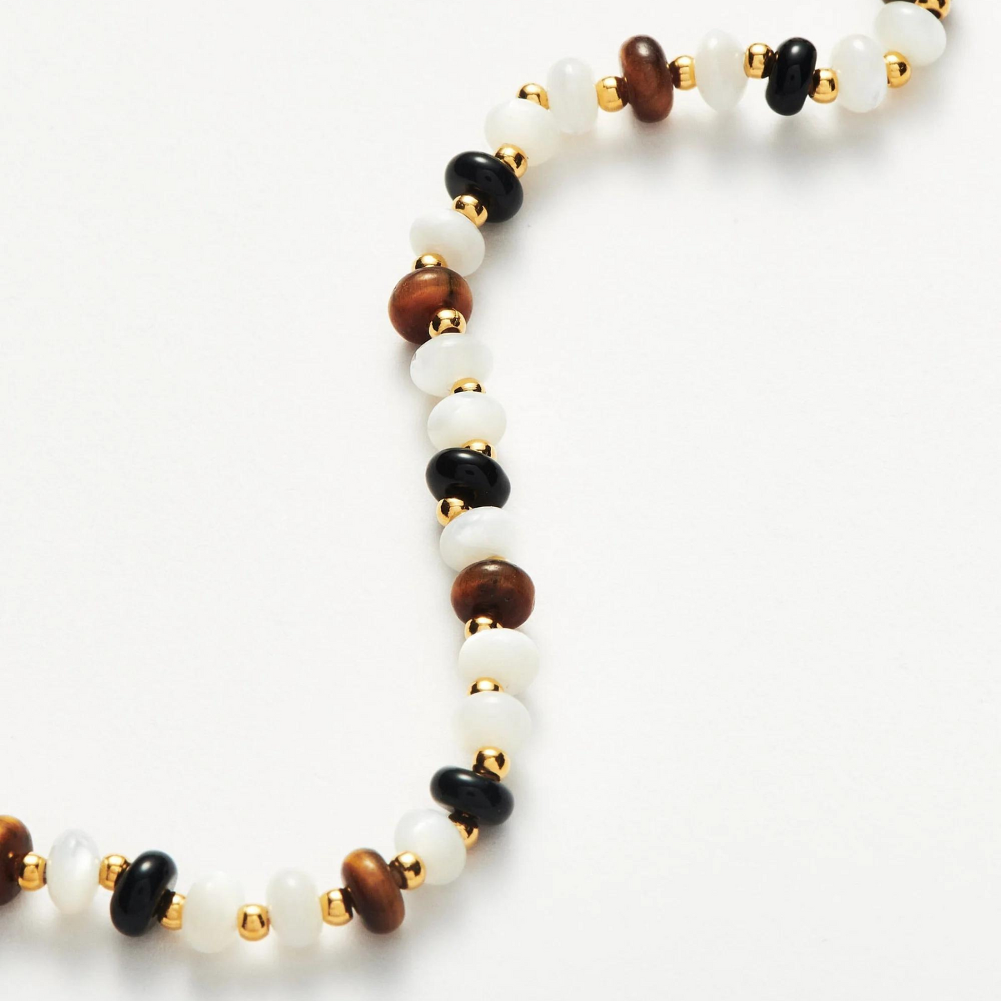 Beaded Bracelet – White Mother of Pearl, Tiger’s Eye & Black Agate, 925 Silver, 18k Yellow Gold Plated
