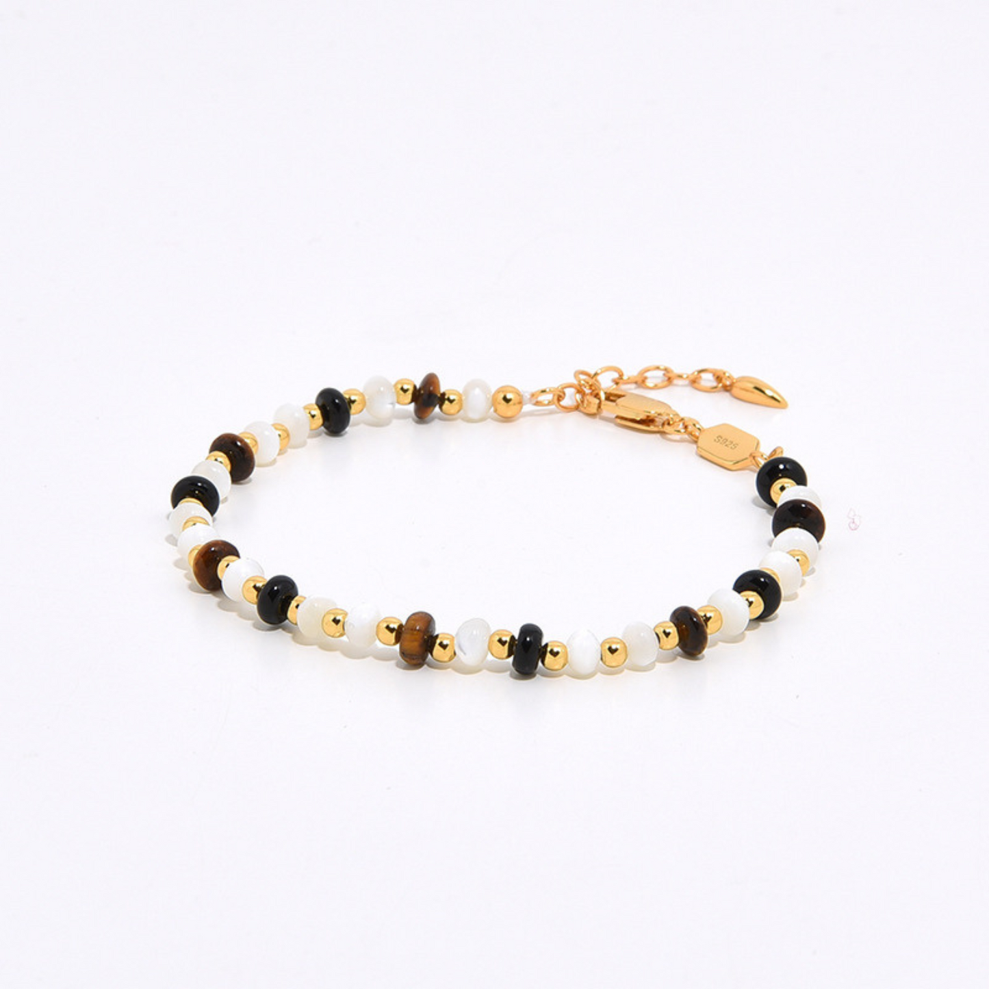 Beaded Bracelet – White Mother of Pearl, Tiger’s Eye & Black Agate, 925 Silver, 18k Yellow Gold Plated