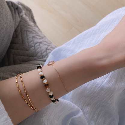 Beaded Bracelet – White Mother of Pearl, Tiger’s Eye & Black Agate, 925 Silver, 18k Yellow Gold Plated