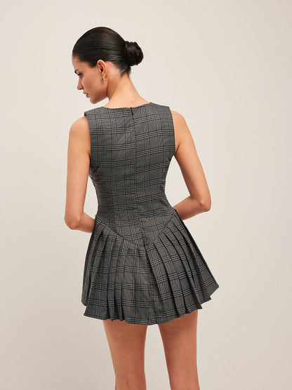 Plaid Pleated Sleeveless Dress