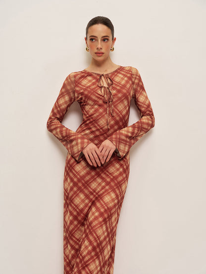 Plaid Tie-Front Long Sleeve Dress