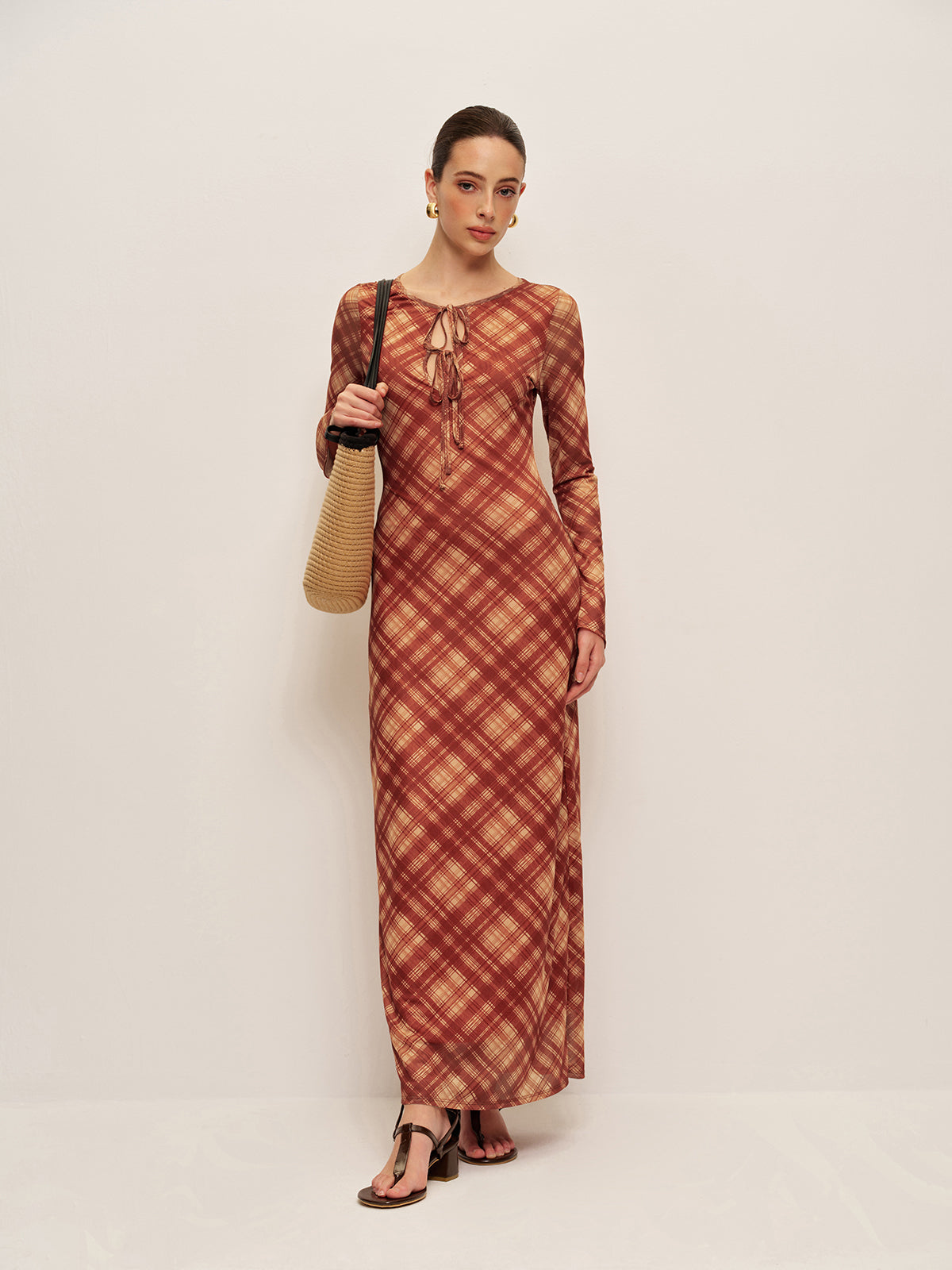 Plaid Tie-Front Long Sleeve Dress