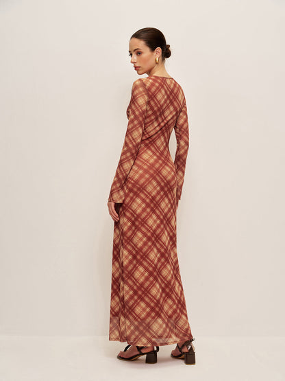 Plaid Tie-Front Long Sleeve Dress