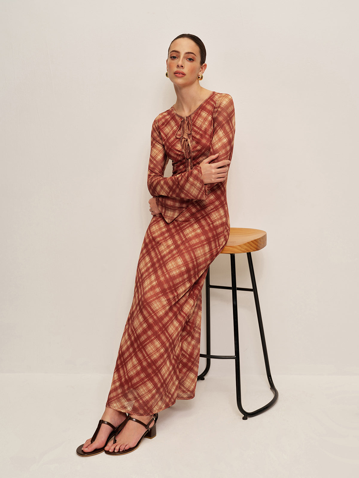 Plaid Tie-Front Long Sleeve Dress