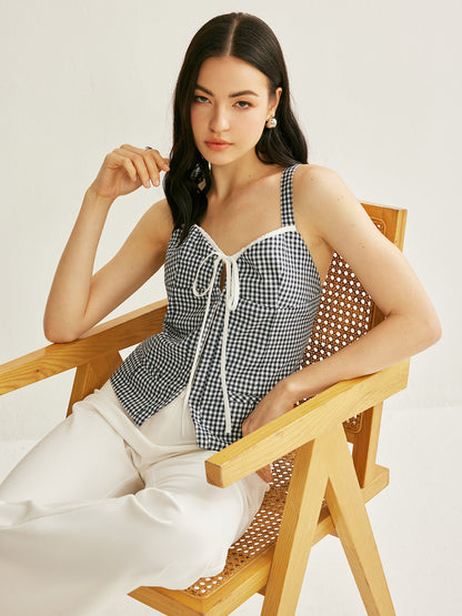 Plaid Tie-Front Sleeveless Top