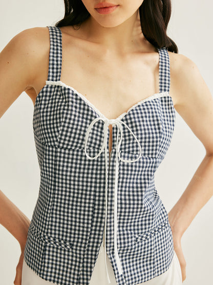 Plaid Tie-Front Sleeveless Top