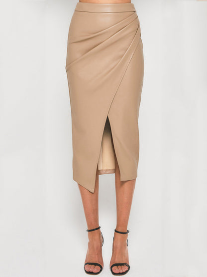Pleated Split PU Leather Skirt