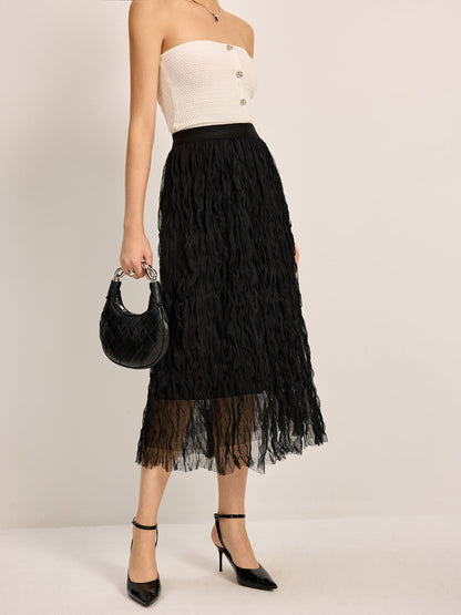 Pleated Tulle Midi Skirt