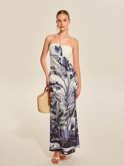 Print Tie Halter Strapless Dress