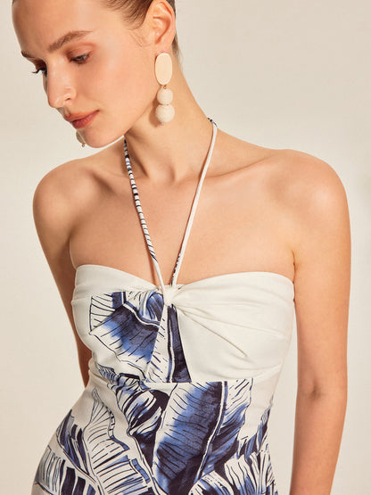 Print Tie Halter Strapless Dress