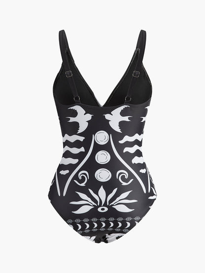 Printed Cutout V-Neck One-Piece Swimsuit
