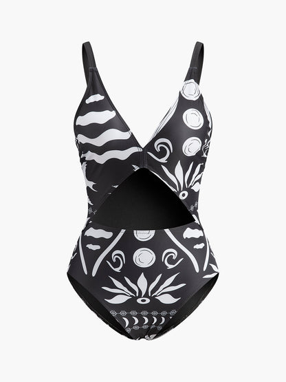 Printed Cutout V-Neck One-Piece Swimsuit