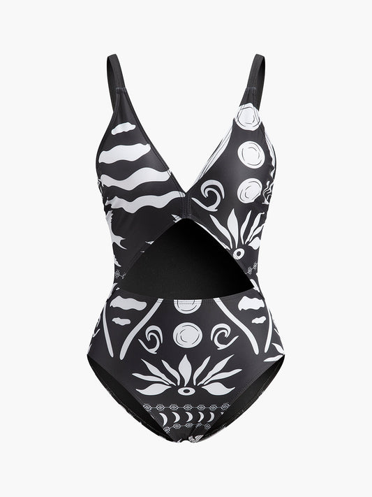 Printed Cutout V-Neck One-Piece Swimsuit
