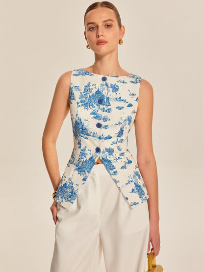 Printed Sleeveless Split Hem Vest
