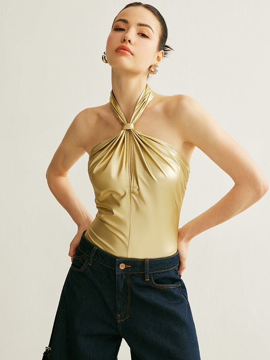 PU Cross-Back Halter Bodysuit