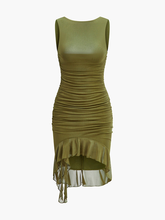 Ruched Asymmetrical Mesh Hem Dress