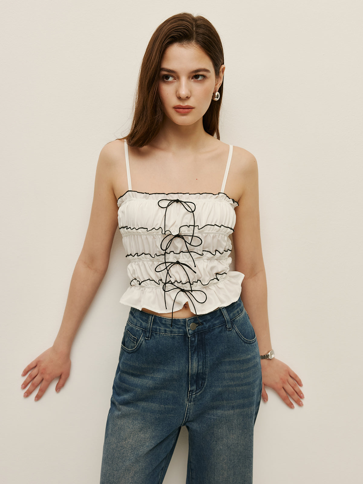 Ruched Contrast Trim Lace-Up Cami