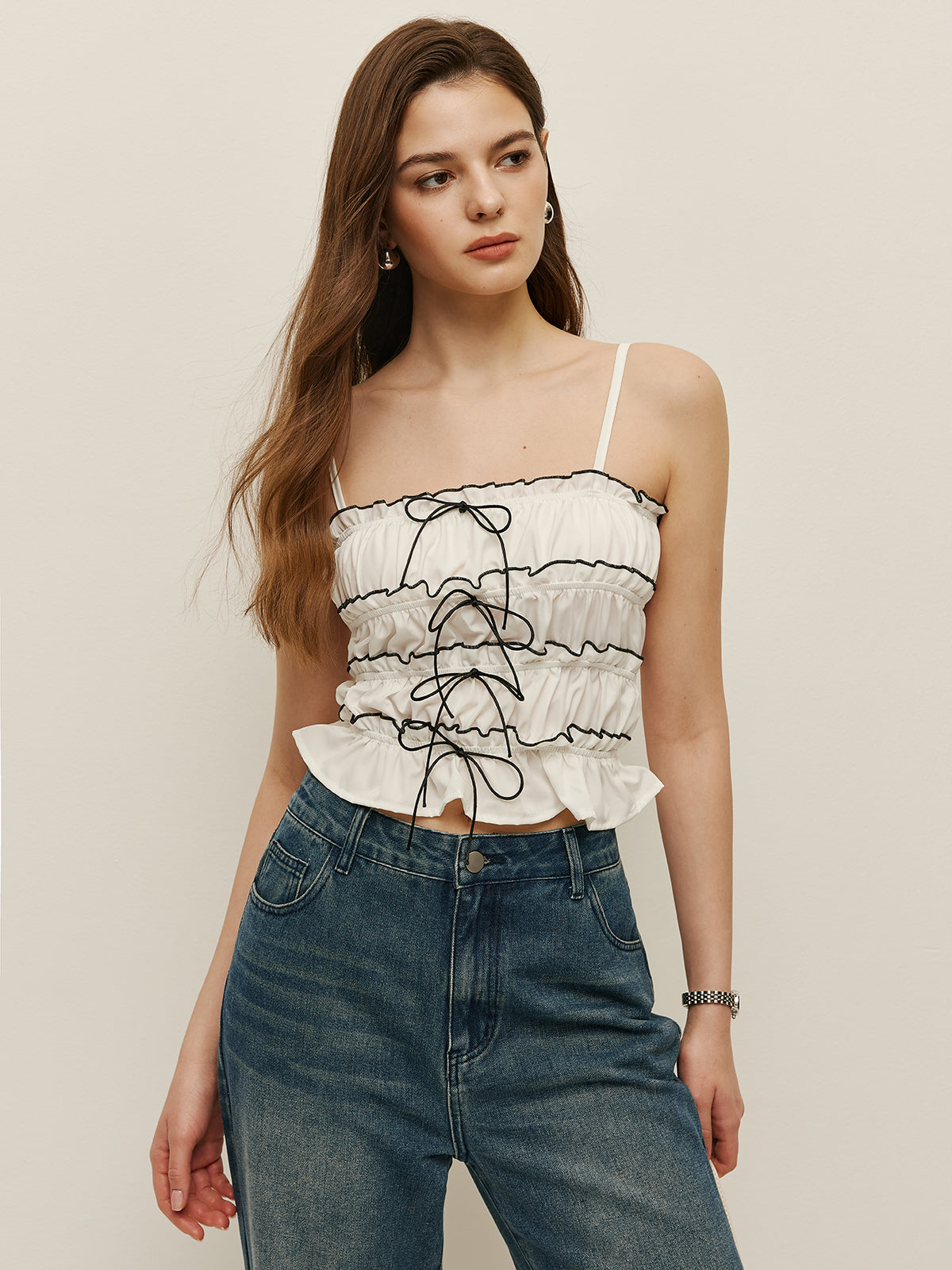 Ruched Contrast Trim Lace-Up Cami