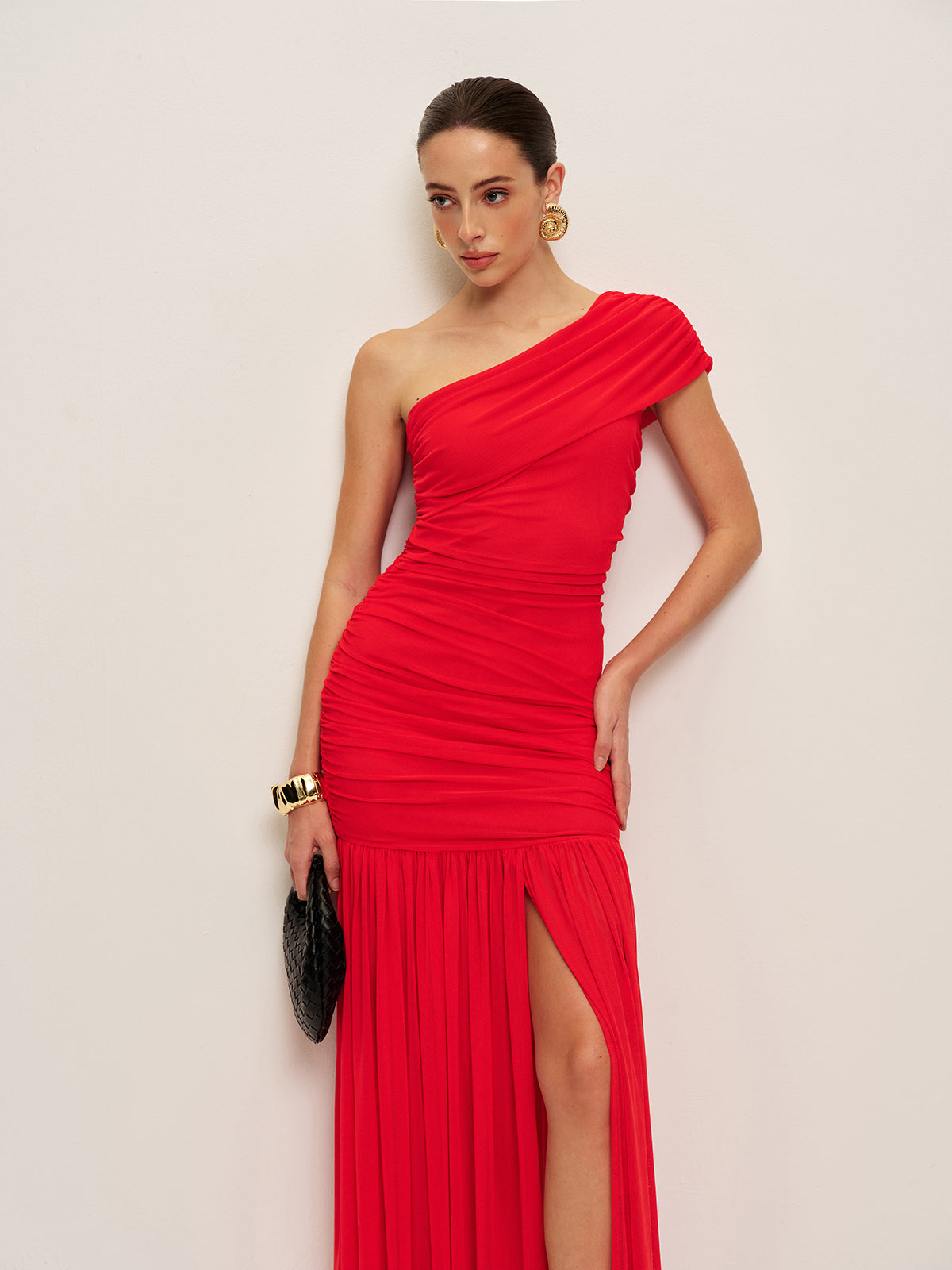 Ruched One-Shoulder Split Dress