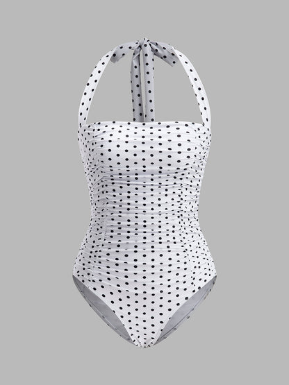 Ruched Polka Dot Halter Swimsuit