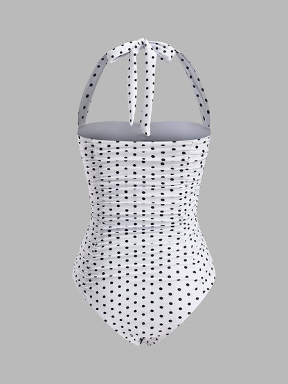 Ruched Polka Dot Halter Swimsuit